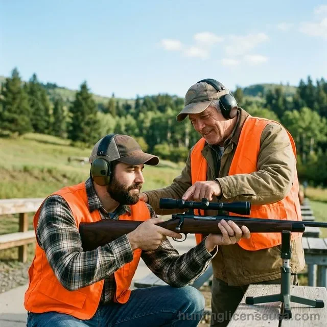 New adult hunter learning to use a scoped bolt-action rifle at a shooting range with an experienced mentor in blaze orange vest guiding him