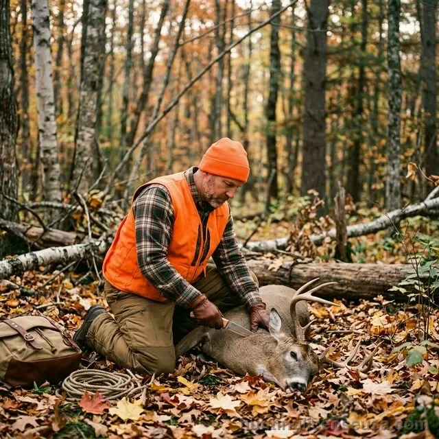 Hunter in blaze orange vest and hat kneeling beside a harvested whitetail deer in autumn forest, field dressing the animal