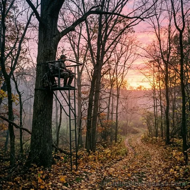 Hunter sitting in a tree stand at dawn with pink and orange sunrise visible through silhouetted bare tree branches and morning mist on the forest floor