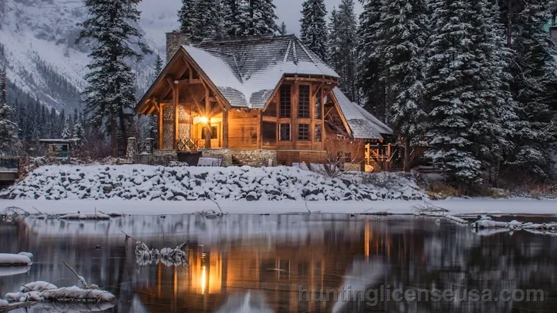 Cozy mountain lodge cabin nestled among tall pine trees at dusk with warm interior lighting