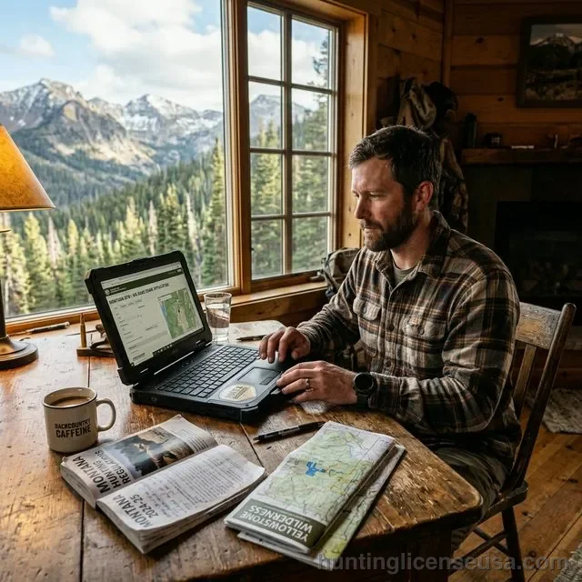 Hunter at a rustic cabin desk applying for hunting tag draws on a laptop with topographic maps and mountain views through the window