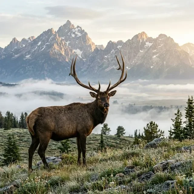 Magnificent bull elk with large antlers standing alert on an alpine meadow with Rocky Mountain peaks and morning mist in the background