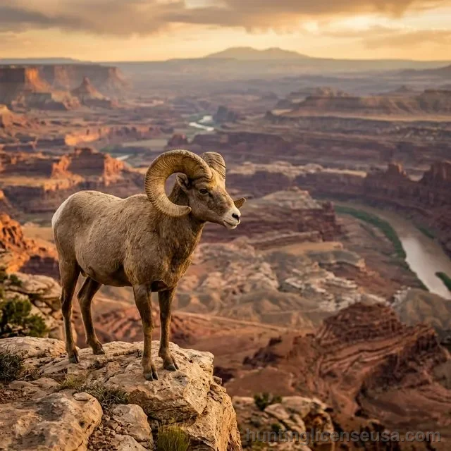 Mature bighorn sheep ram with full-curl horns standing on a rocky cliff overlooking a vast canyon with layered desert rock formations at sunset