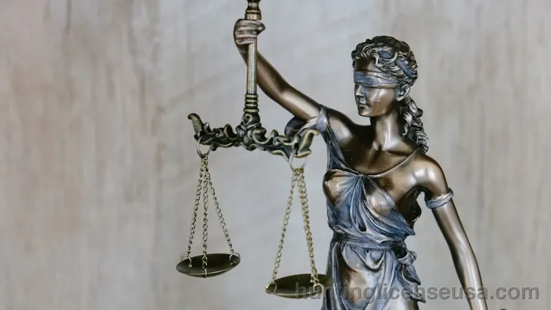 Scales of justice on a desk representing legal consequences of hunting violations