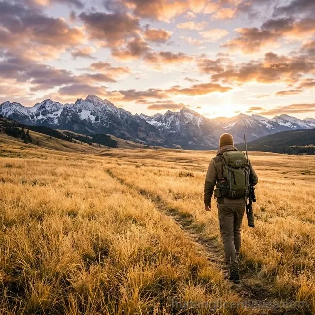 Lone hunter with backpack and rifle hiking through a vast Montana mountain meadow at sunrise with snow-capped Rocky Mountain peaks in the background