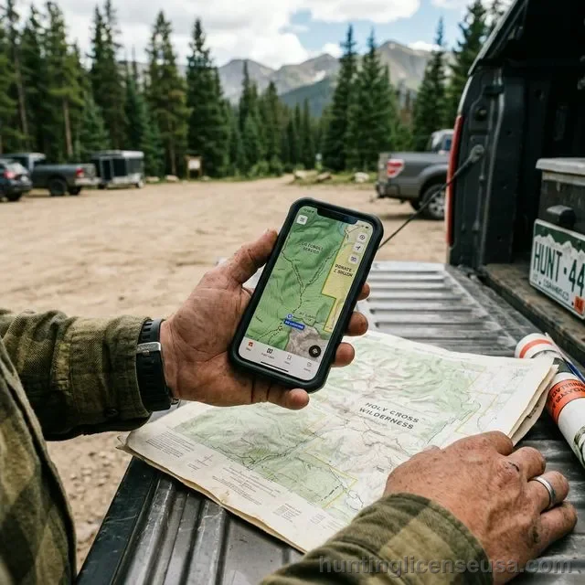 Hunter's hands holding a smartphone with hunting map app over a paper topographic map on a pickup truck tailgate at a mountain trailhead