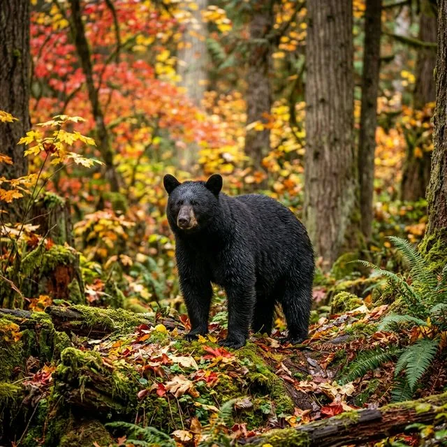 American black bear standing alert in an autumn forest with vibrant red and gold fall foliage