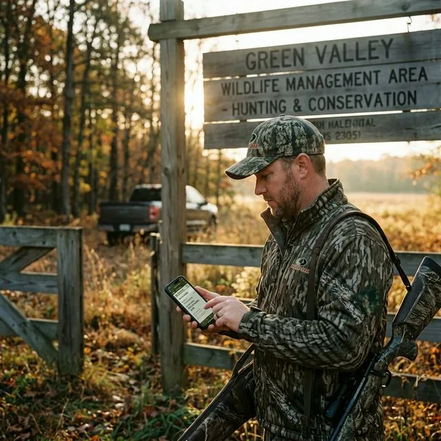 Hunter in camouflage checking hunting license app on smartphone at the entrance of a wildlife management area