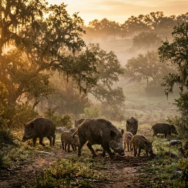 Sounder of wild feral hogs rooting through a misty Texas hill country landscape at golden hour dawn