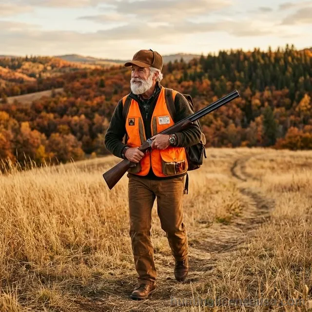 Active senior man in blaze orange hunting vest walking through a golden autumn field with a shotgun at port arms, rolling hills and fall foliage behind him