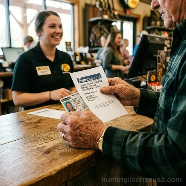 Senior man holding a state driver's license and hunting license document at an outdoor retail counter with a friendly cashier in the background