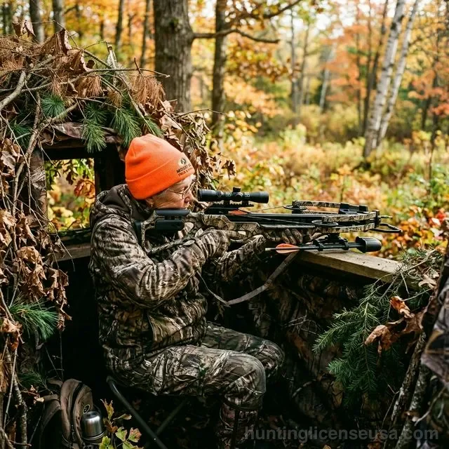 Senior hunter in camouflage and blaze orange hat using a crossbow from a ground-level blind in an autumn forest