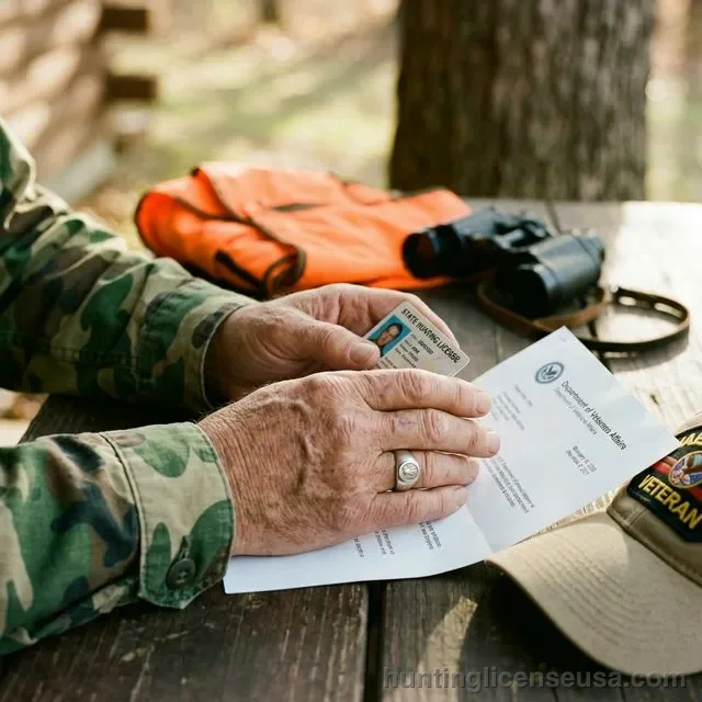 Close-up of military veteran's hands holding a state hunting license and VA documentation at a rustic wooden table with binoculars and hunting gear