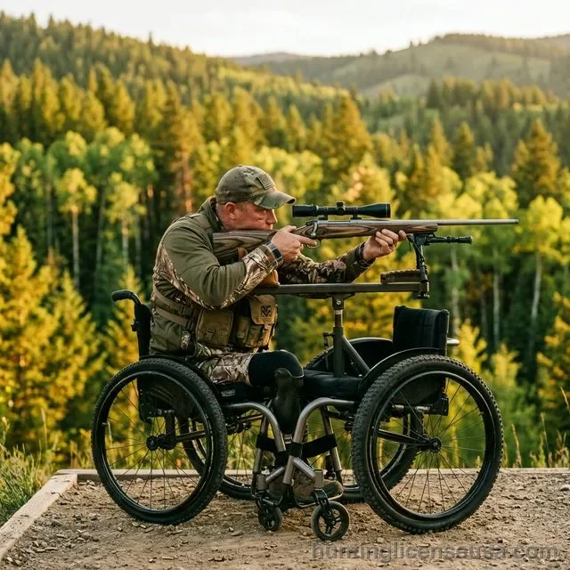 Disabled military veteran in wheelchair aiming a scoped rifle at a shooting range surrounded by green forest and mountains at golden hour